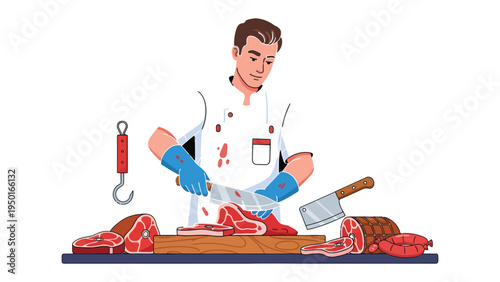 Butcher's Precision: A skilled butcher expertly cuts fresh meat with precision, showcasing his craft and the quality of his products.