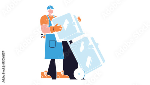 Ice Block Delivery: A worker is diligently delivering large ice block using a trolley. 