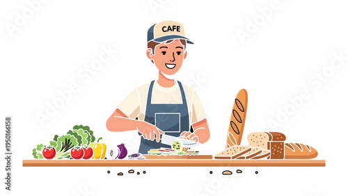 The Art of Culinary Creation: An illustration of a skilled culinary professional meticulously crafting a fresh and vibrant sandwich. Focus on the art of food preparation.