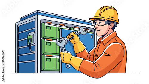 Technician in the Machine Room: A skilled technician diligently works on a piece of machinery, meticulously adjusting with a wrench in a vibrant illustration.