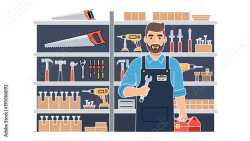 The Handyman's Inventory: A handyman, standing confidently amidst a well-organized array of tools, ready to tackle any project with skill and precision.