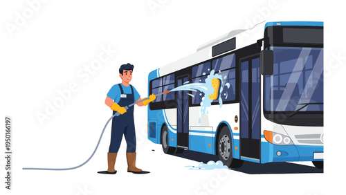 Bus Washing: A diligent worker meticulously cleans the windows of a modern bus with a high-pressure water sprayer, ensuring cleanliness and shining of the vehicle for optimal passenger experience.