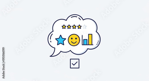 Positive customer review with star rating and smiley face in speech bubble symbolizing satisfaction and feedback