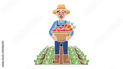 Farmer with Harvest: A dedicated farmer stands proudly, holding a basket brimming with freshly harvested vegetables, embodying the essence of farm-to-table bounty. 