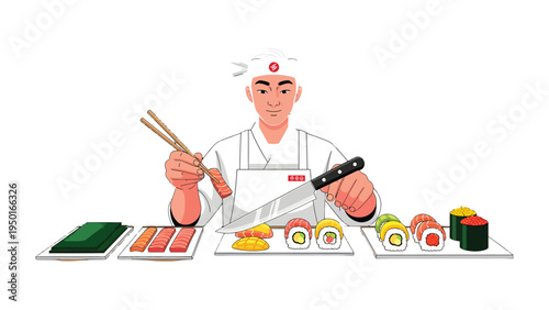 Art of Sushi: A skilled chef meticulously crafts an assortment of sushi, showcasing the art of Japanese cuisine and culinary expertise. 