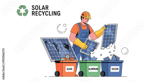 Solar Panel Recycling Process: A worker in protective gear sorts damaged solar panels into separate bins labeled 'glass', 'aluminum', and 'silicon'.