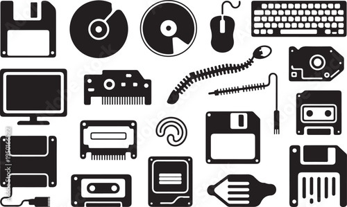 Comprehensive set of black and white computer icons featuring vector symbols for business, media, technology, and communication design