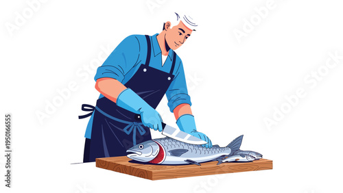 Culinary Craft: A skilled chef meticulously prepares a fresh fish, demonstrating the art of precision and culinary expertise. 