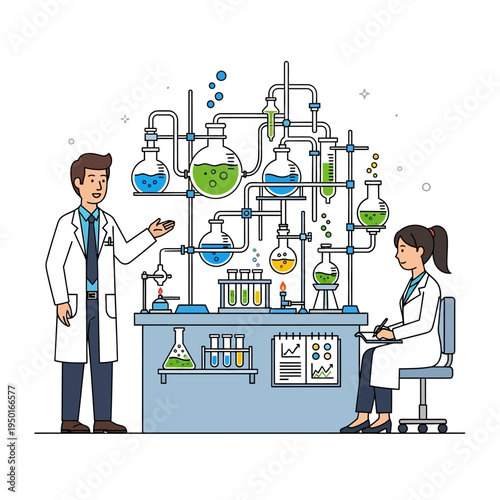 Scientists conduct experiment in laboratory with complex chemical apparatus