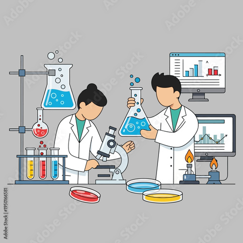 Scientists conduct experiment in laboratory, analyzing samples with microscope and beakers