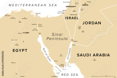 Sinai Peninsula region, Egypt, political map. Sinai, a continental land bridge between Asia and Africa. The Suez Canal, an artificial sea-level waterway, connects Mediterranean Sea and Red Sea. Vector