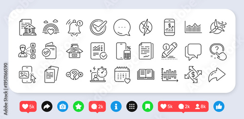 Education, Payment exchange and Quiz test line icons pack. Social media: share, comment, like icons. Opinion, Confirmed, Mobile finance web icon. Vector