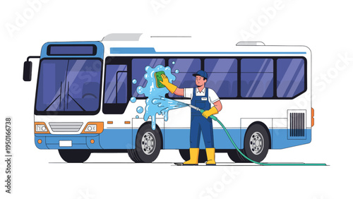 Bus Wash: A diligent worker meticulously cleans a sleek, modern bus with soap, water, and focused attention, ensuring both the interior and exterior gleam. 