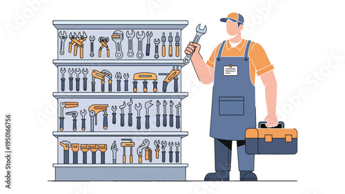 The Mechanic’s Workshop: A skilled mechanic in an apron, holds wrench, beside a shelf fully stocked with various tools, symbolizing craftsmanship and expertise.