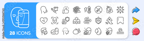 Vaccine announcement, Medical mask and Face verified line icons. Interest rate, AI generate, Inflation icons. Pack of Face biometrics, Uv protection, No vaccine icon. Vector