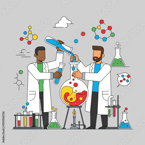 Scientists conducting experiment in laboratory, mixing liquids in flask, science research concept