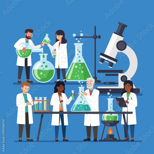 Scientists conducting experiment in laboratory with microscope and beakers