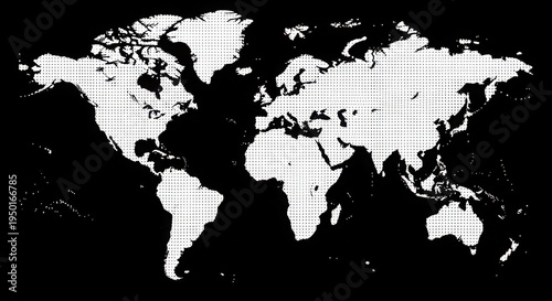 A black and white image of a world map on a black background. the map is white with black dots making up the image. the continents are distinctly visible.
