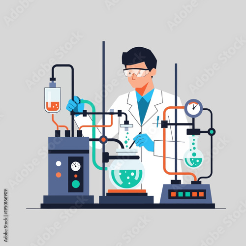 Scientist working in laboratory with complex chemical equipment and bubbling liquids