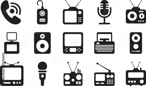 A vector illustration set of retro black tv and media icons featuring web, video, and computer signs for business design