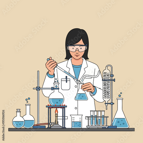 Scientist working in laboratory with glassware and equipment, conducting experiment