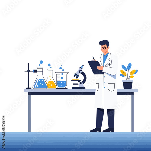 Scientist working in laboratory with microscope and beakers, conducting research