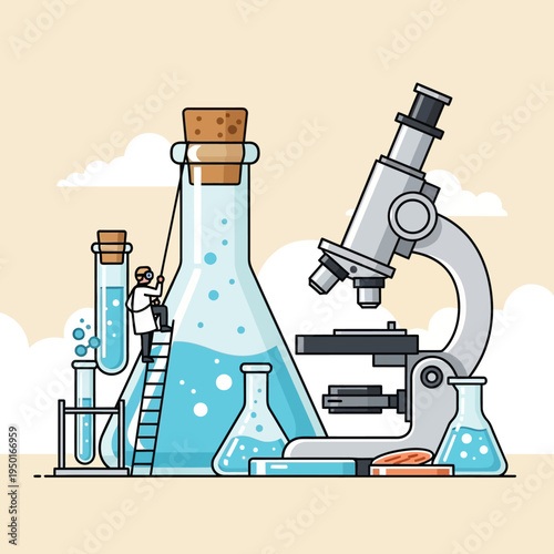 Scientist Working in Laboratory with Microscope and Flasks