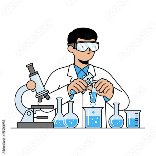 Scientist working in laboratory with microscope and test tubes, conducting experiment