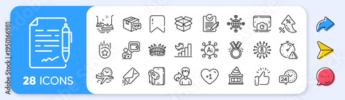 Agreement document, Flight time and Bumper cars line icons. Interest rate, AI generate, Inflation icons. Pack of Honor, Ice cream, Open box icon. 24h service, Attention, Share pictogram. Vector