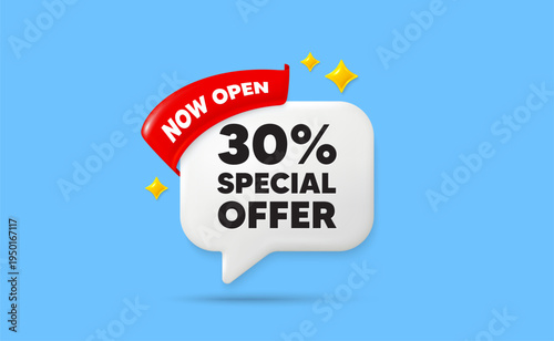Discount ribbon speech bubble. Now open flag ribbon. 30 percent discount offer tag. Sale price promo sign. Special offer symbol. 3d sparkle stars speech bubble. Vector