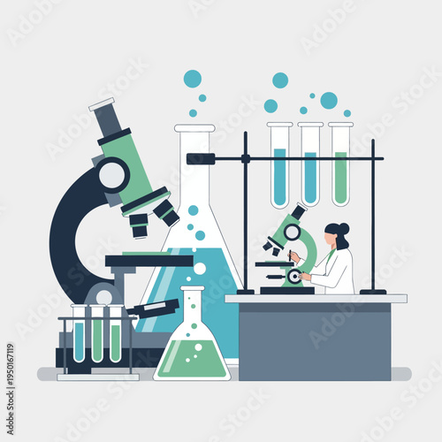 Scientist working with microscope and test tubes in laboratory, science research concept
