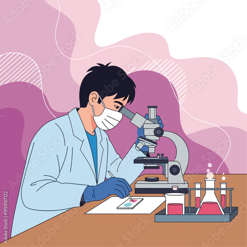 Scientist working with microscope in laboratory, conducting research, analyzing samples