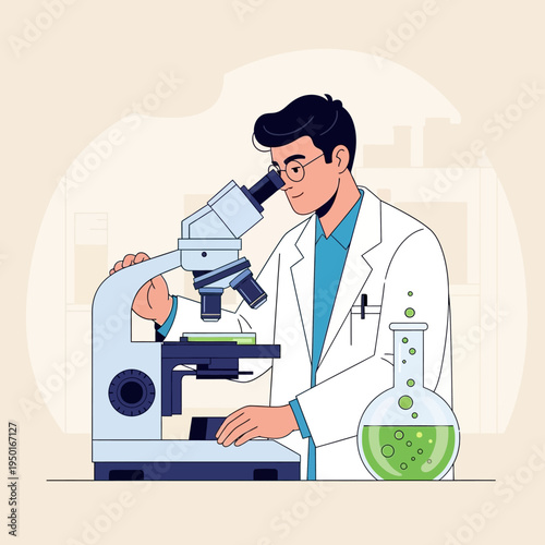 Scientist working with microscope in laboratory, green liquid in flask