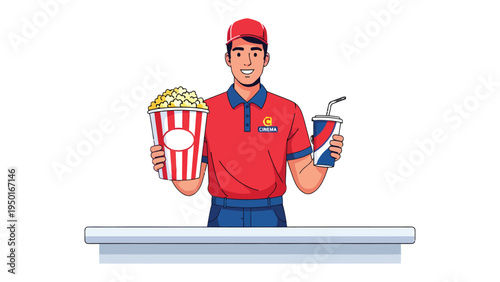 Movie Time Treats: A friendly attendant at a movie theater counter, holding a classic popcorn tub and a refreshing beverage, ready to enhance the cinematic experience.