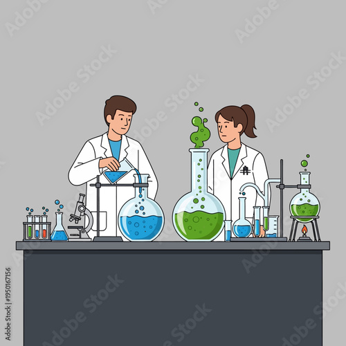 Scientists conduct experiment in laboratory with colorful liquids and equipment