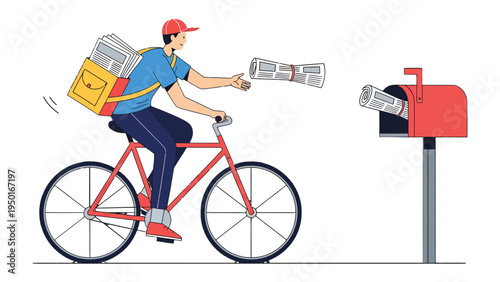 News Delivery on Two Wheels: A dedicated courier, balanced atop a bicycle, deftly delivers the daily news to each home. Representing the essential service of information distribution.