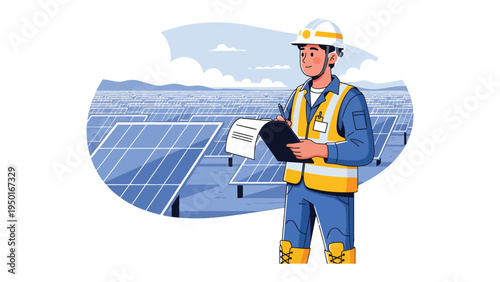 Solar Panel Engineer: An engineer in safety gear inspects solar panels, highlighting the integration of renewable energy in a sustainable future.