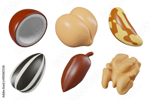 Set of realistic nuts and seeds on white background. 3D icons for superfood store