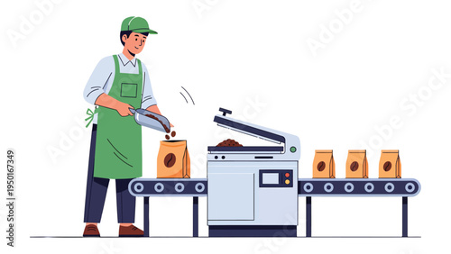 Coffee Packaging Line: A dedicated worker meticulously fills bags of coffee beans on a high-tech packaging line, ensuring the quality and precision of the product.