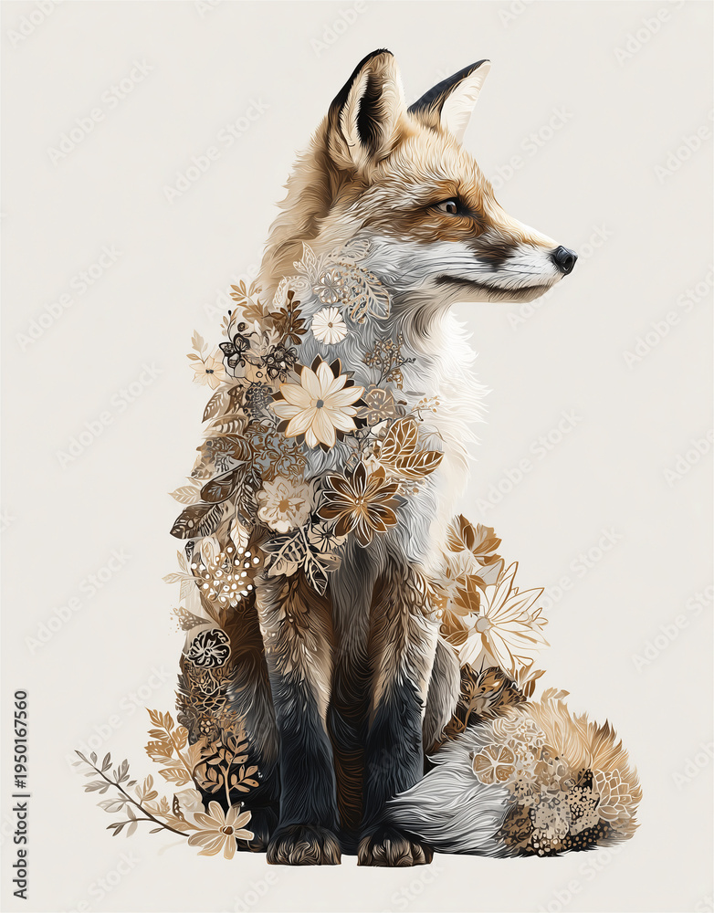 Obraz premium Elegant fox illustration with delicate floral composition in soft beige and brown tones. Decorative nature artwork combining a realistic fox portrait with blooming flowers, perfect for nursery