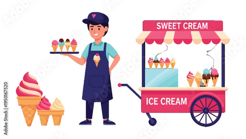 Sweet Treat Vendor: A cheerful ice cream vendor proudly presents a colorful array of frozen delights alongside their charming cart, promising a moment of cool refreshment and sweet satisfaction.