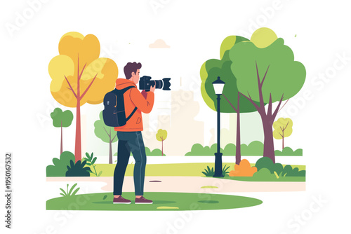 A professional photographer in action captures a vector illustration of people and children playing with a dog in a green summer park under a blue sky