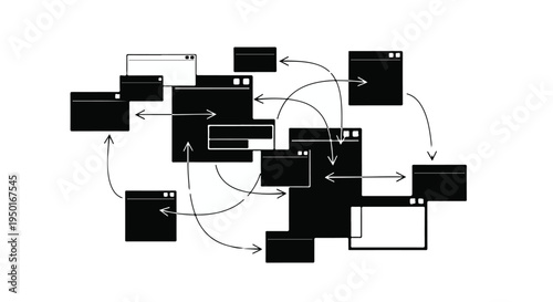 Business process workflow diagram with rectangles and arrows on white background, illustrating office workflow, management and organization