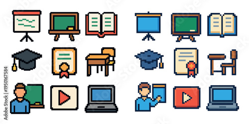 Education icons with book laptop cap pixel