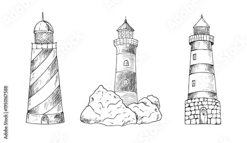 Vector vintage lighthouse set. Hand painted linear Nautical symbol illustration. Graphic monochrome sketch isolated on background. For designers, prints, logo, icon, menu, postcards, holiday, covers.