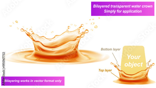 Transparent water crown in golden colors with splashes and drops. It consists of two layers - front and back. You can insert any object between them, only for vector format.