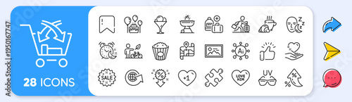 Sale, Love him and Puzzle line icons. Interest rate, AI generate, Inflation icons. Pack of Alarm, Sunglasses, Travel delay icon. Ice cream, Cake, World globe pictogram. Vector