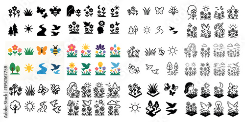Garden nature icons with flower bird colorful
