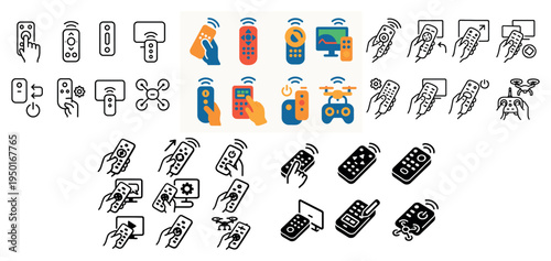 Remote icons with hand remote drone outline