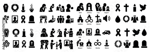 Funeral icons with coffin wreath candle minimal